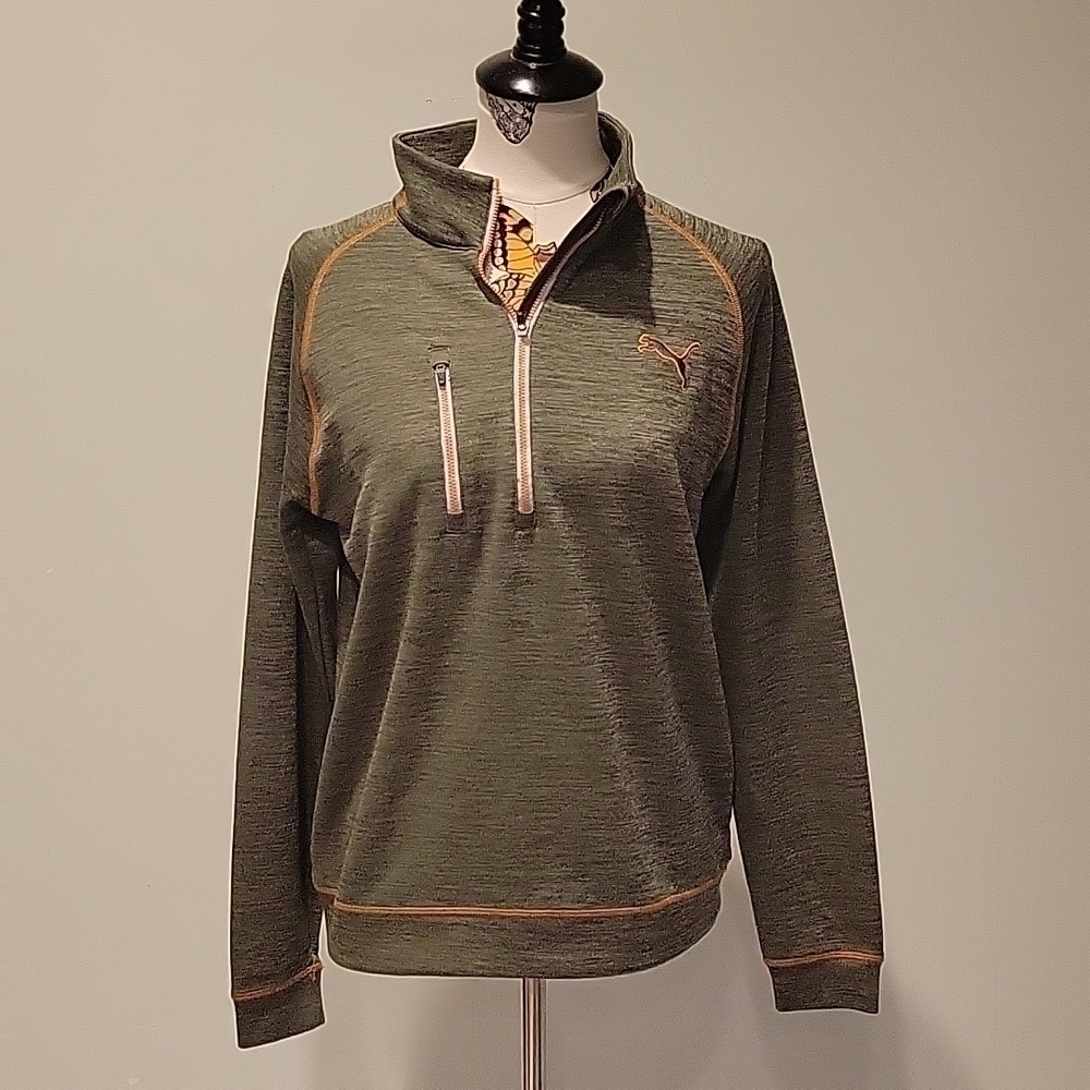 Puma golf army green with orange stitching sporty pullover.  Size is Small.